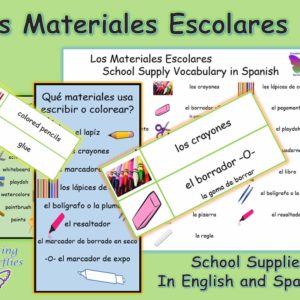 English and Spanish vocabulary words for different school supplies